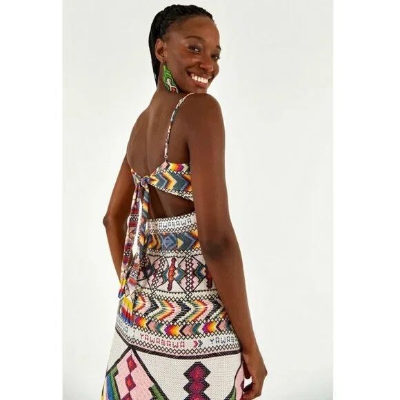 NWT. FARM RIO Amulet Multicolored Textured Linen Midi Dress Size M - Picture 2 of 10